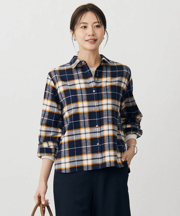 J.PRESS LADIES コットン起毛タータンチェック ショート丈 シャツ ブラウス ネイビー×オフ×イエローチェック系