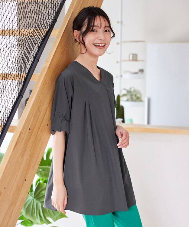 Tiaclasse L 【洗える】ストレッチタフタタックチュニックブラウス チャコールグレー