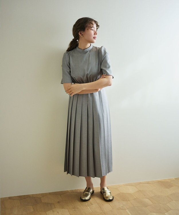 #Newans 〈花乃まりあさんコラボ〉ワイドプリーツワンピース チャコール