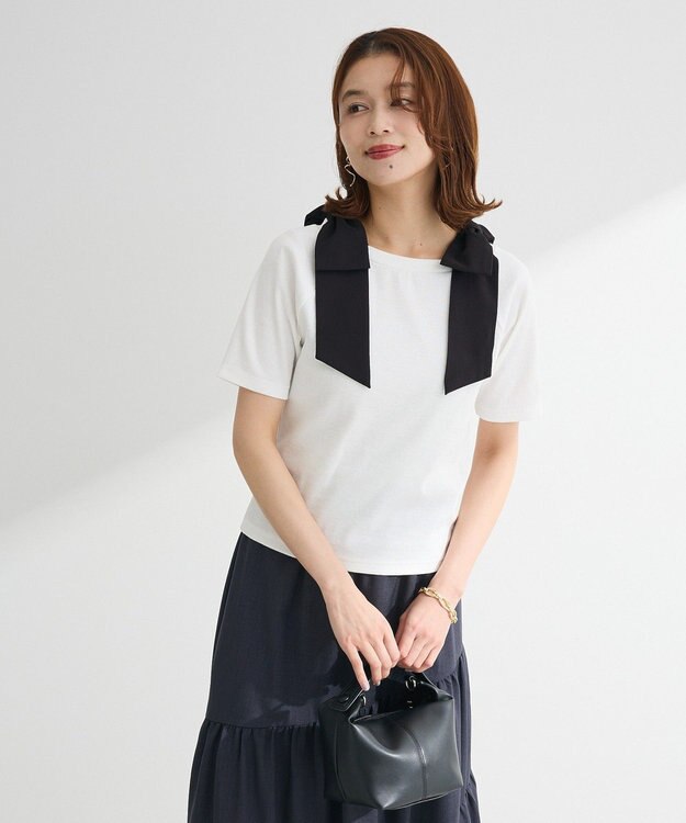 Green Parks ・ｓｗｉｎｇ　ｂｙ　ショルダーリボンリブカットソー Off White