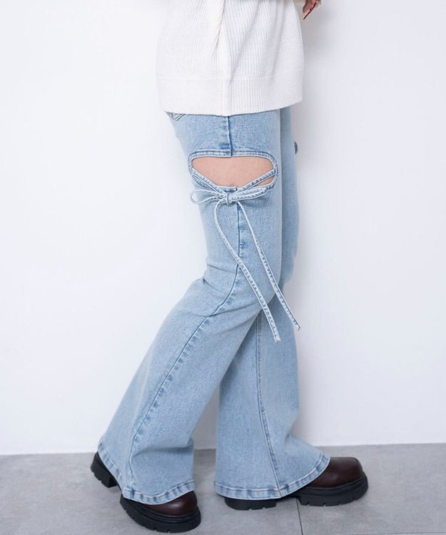 WEGO 【SMサイズ展開/伸びる】カットアウトリボンストレッチフレアデニムパンツ デニム淡加工色