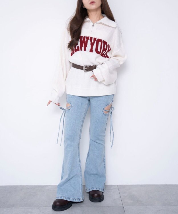 WEGO 【SMサイズ展開/伸びる】カットアウトリボンストレッチフレアデニムパンツ デニム淡加工色