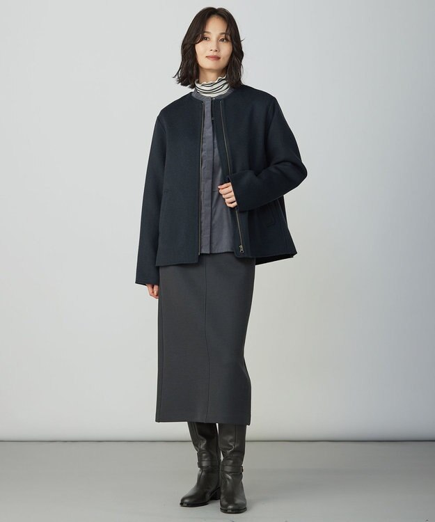 J.PRESS LADIES L ウールナイロンリバー ノーカラー コート ミッドナイト系