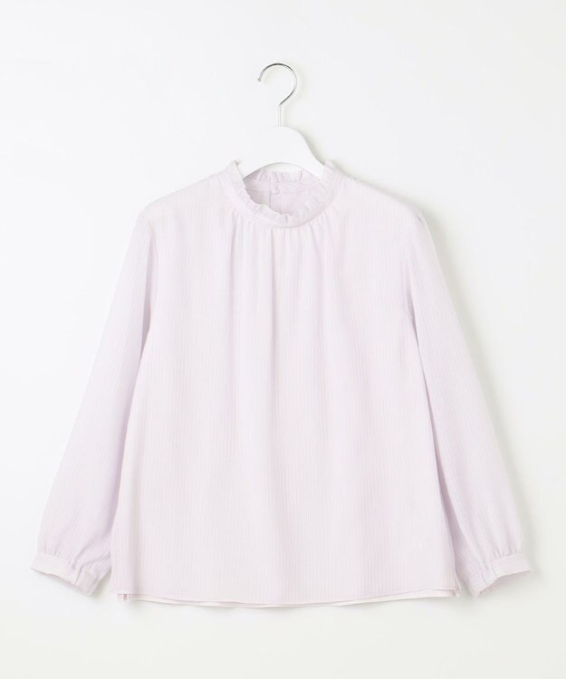 J.PRESS LADIES S カチオンストライプ フリルネック バンドカラー カットソー ふじ色系