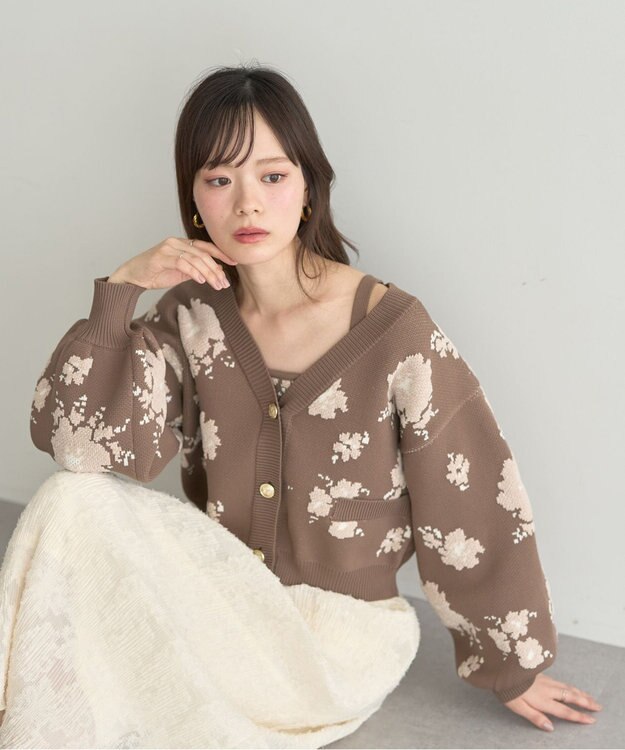 earth music&ecology SET2点フラワージャガードカーデ+ビスチェ Brown