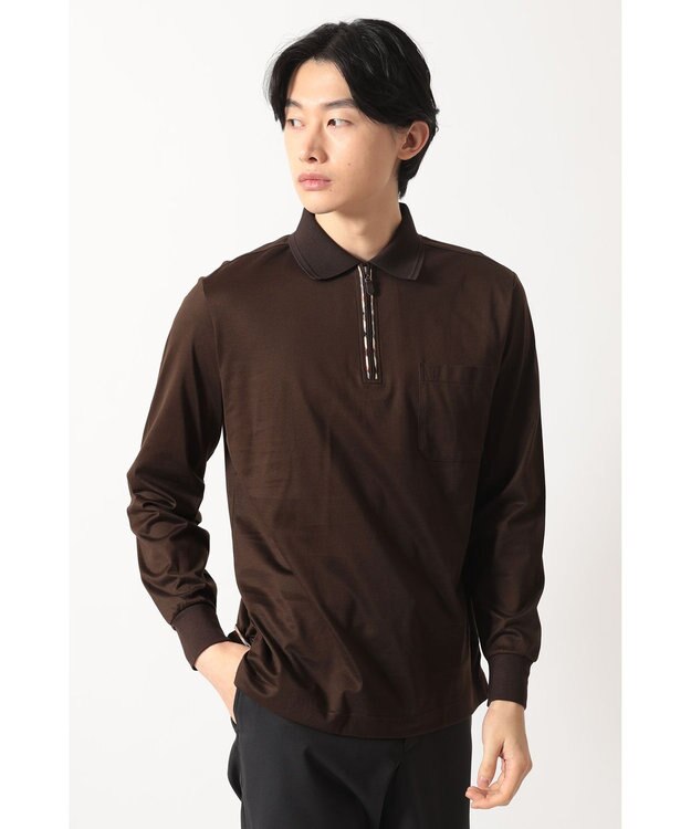DAKS チェックプラケット ジップアップポロ ブラウン