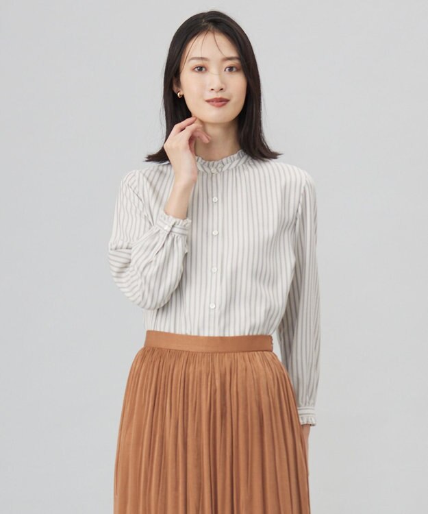 J.PRESS LADIES L 【洗える】サイロチェック＆ストライプ ブラウス アイボリーストライプ系