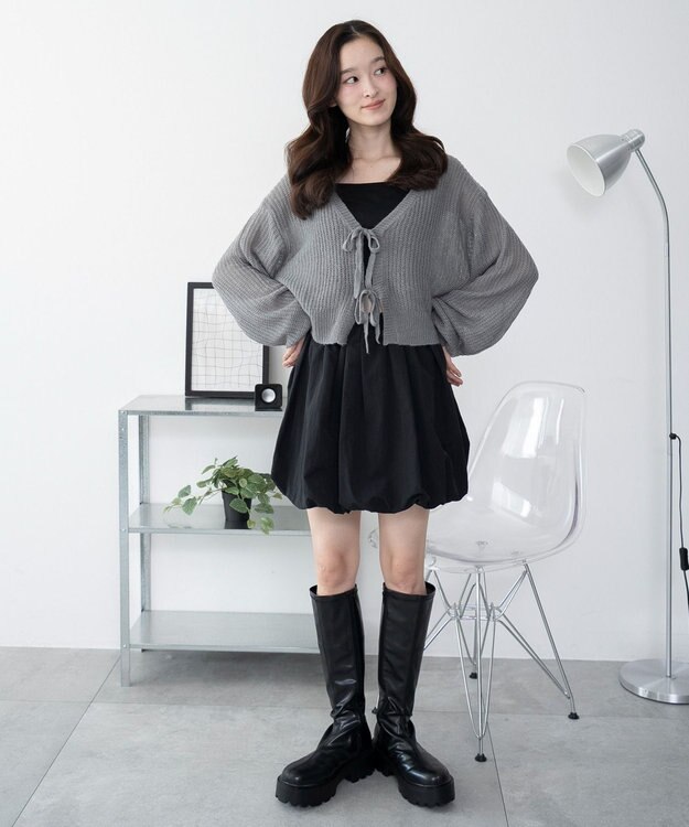 WEGO 【25年秋冬新作】モヘアタッチ2WAYリボンカーデ グレー