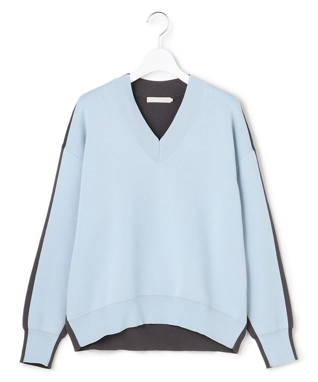 ICB 【先行予約】 コットンポリエステルスムース Vネックニット サックスグレー×チャコール