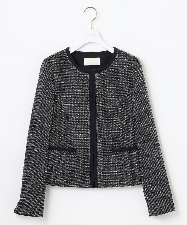 ANY SIS 【セットアップ対応】リップルボーダー ノーカラー ジャケット シャンブレーネイビー