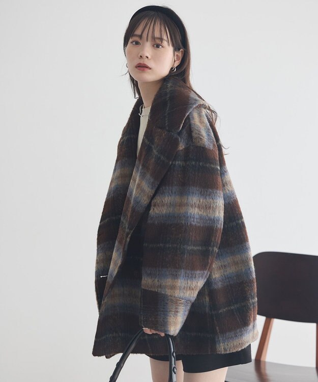 earth music&ecology チェックシャギーコート Check Brown