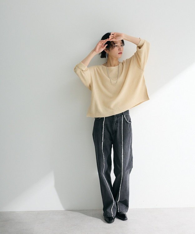 Green Parks かのこボートネック７分袖ニットプルオーバー Light Beige