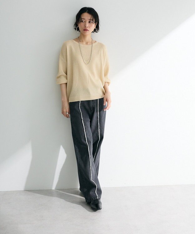 Green Parks かのこボートネック７分袖ニットプルオーバー Light Beige