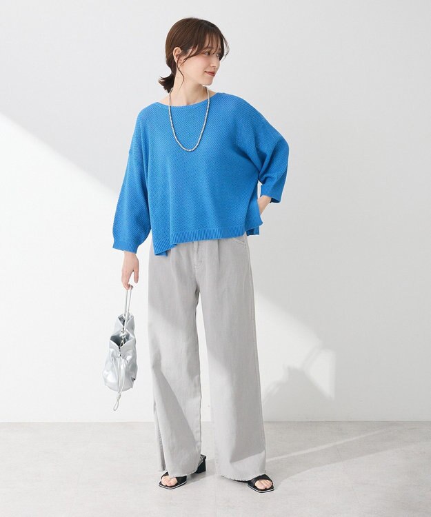 Green Parks かのこボートネック７分袖ニットプルオーバー Blue