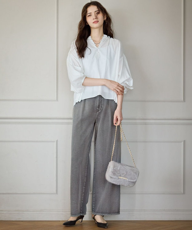 23区 【SLOW/一部店舗限定】テンセルコットンジョーゼット ギャザー ブラウス ホワイト系