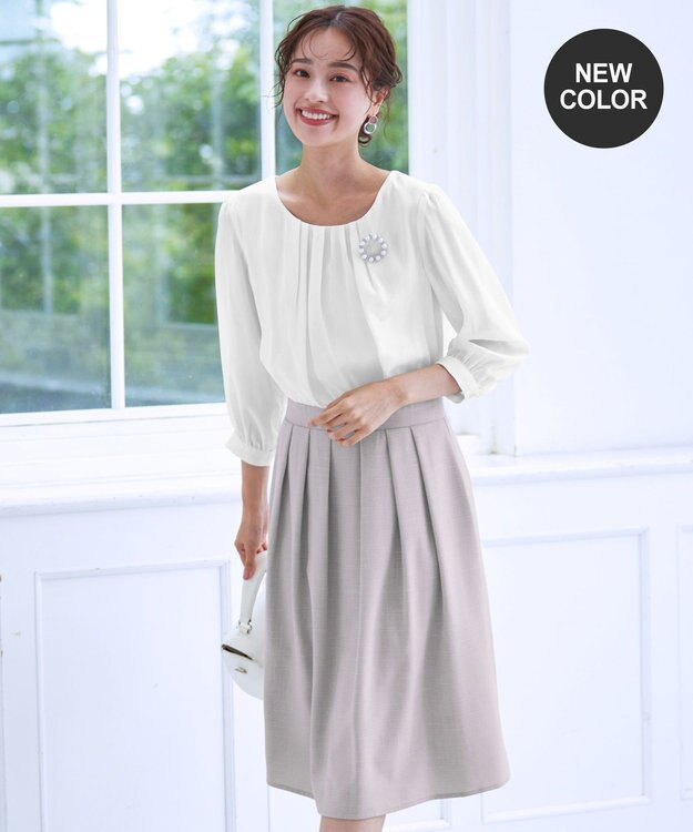 Tiaclasse 【洗える】ブラウスドッキングツイードワンピース オフホワイト×グレージュ