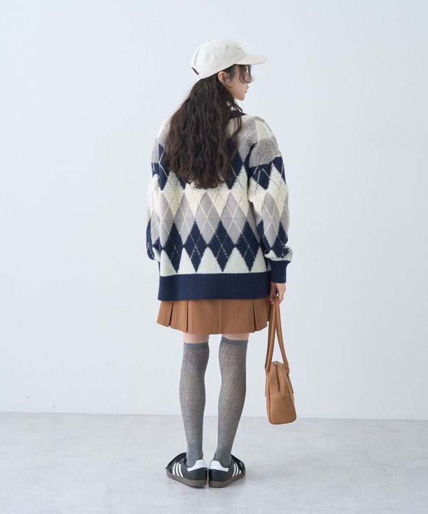 earth music&ecology ループ編みアーガイルカーディガン Navy