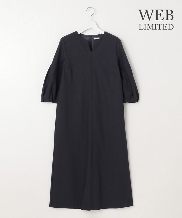 自由区 S 【WEB限定・洗える】カラミストレッチパフスリーブ ワンピース ネイビー系