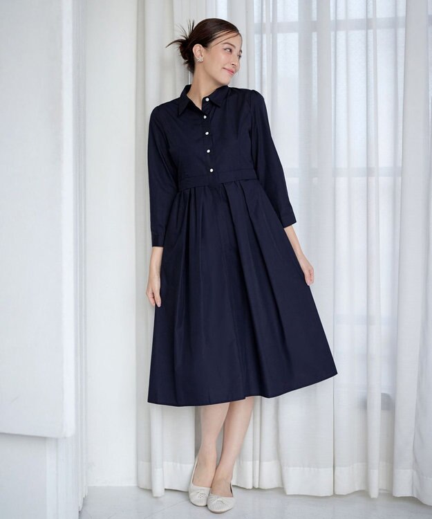 Tiaclasse L 【洗える】パール釦フレアシャツワンピース ネイビー