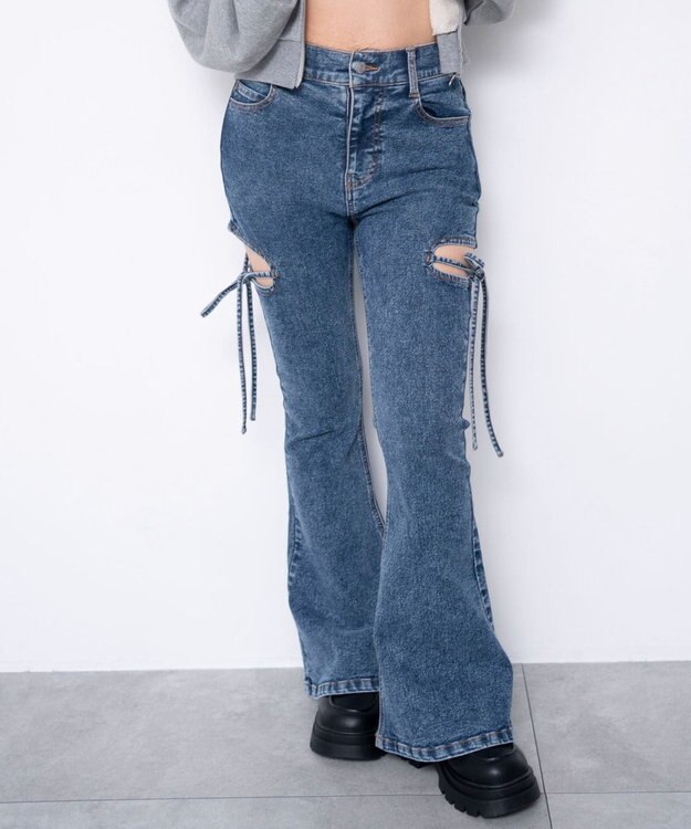 WEGO 【SMサイズ展開/伸びる】カットアウトリボンストレッチフレアデニムパンツ デニム中濃加工色
