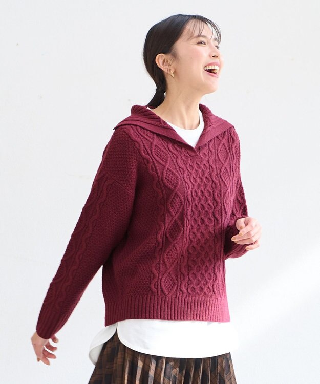 ANY 【洗濯機可】スキッパーソフトタッチアラン柄ニット ボルドー