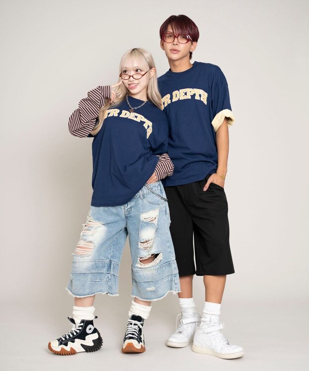 WEGO 【ユニセックス着用ITEM/MLサイズ展開】チェックカレッジグラフィックT（SS） ネイビー