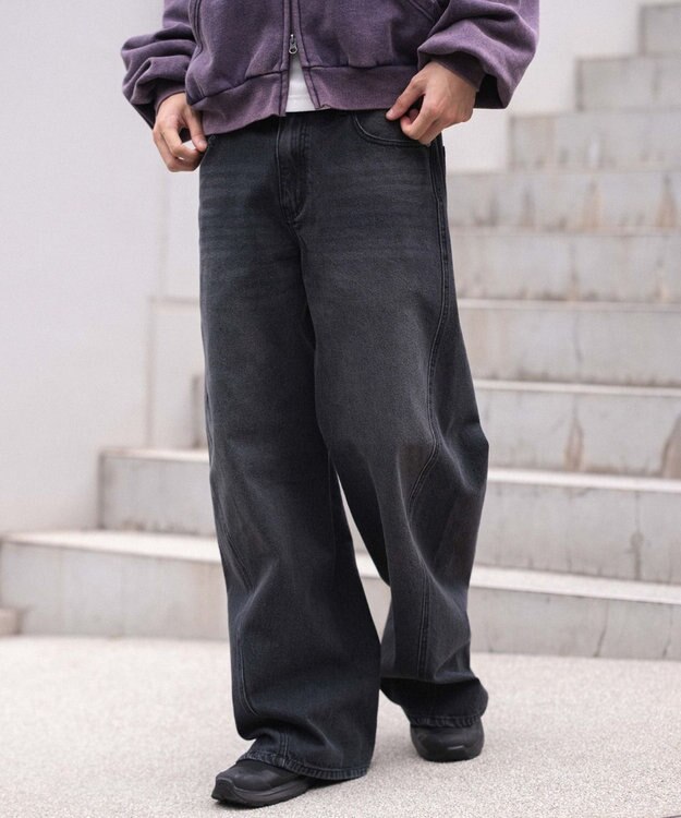 WEGO 【ウエスト調整可/SMLサイズ展開】ローライズカバーフィットフレアデニムパンツ デニムブラックソノタ