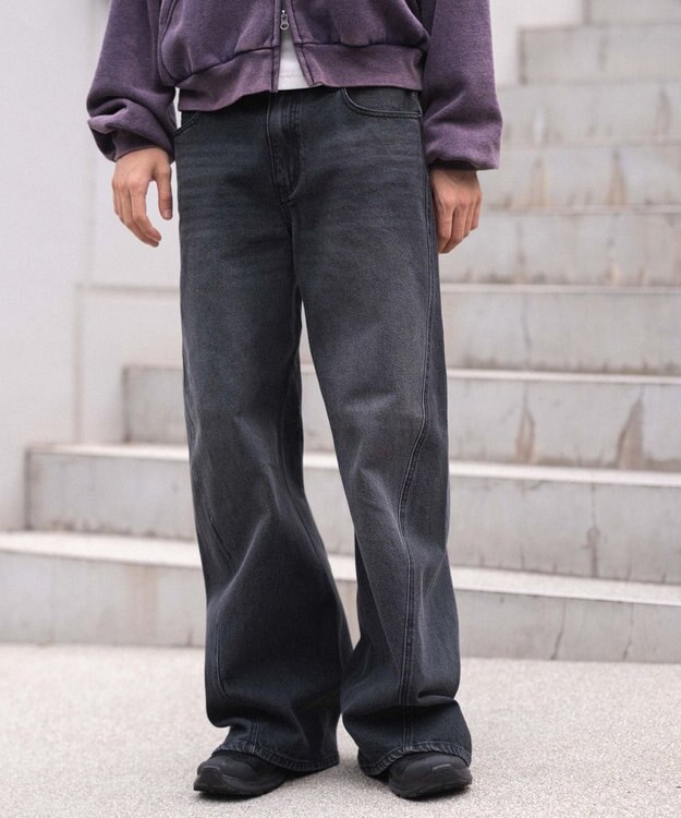 WEGO 【ウエスト調整可/SMLサイズ展開】ローライズカバーフィットフレアデニムパンツ デニムブラックソノタ