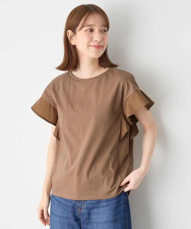 ANY 異素材コンビフリルスリーブプルオーバー モカ