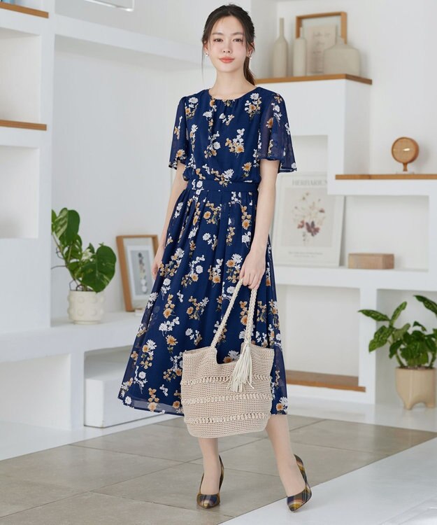 Tiaclasse 大花柄シフォンワンピース ネイビー
