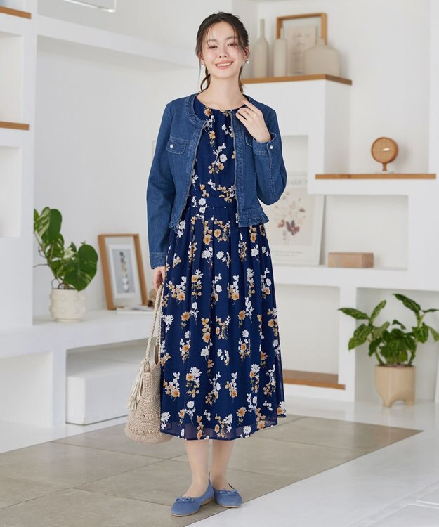 Tiaclasse 大花柄シフォンワンピース ネイビー