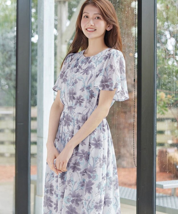 Tiaclasse 大花柄シフォンワンピース ブルー