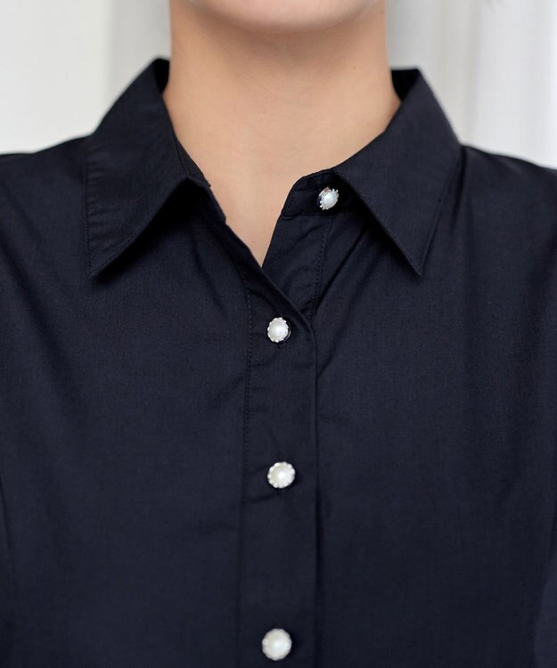 Tiaclasse L 【洗える】パール釦フレアシャツワンピース ネイビー