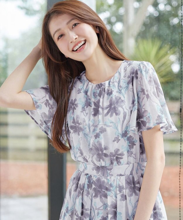 Tiaclasse 大花柄シフォンワンピース ブルー