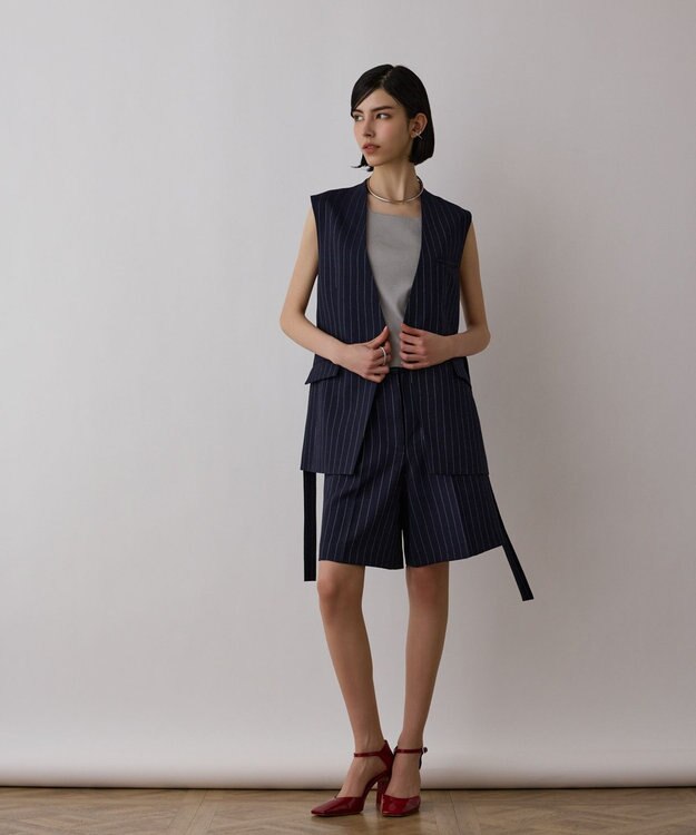 GRACE CONTINENTAL ストライプノーカラージレ ネイビー