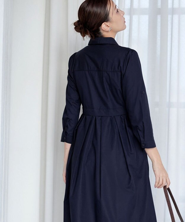 Tiaclasse L 【洗える】パール釦フレアシャツワンピース ネイビー