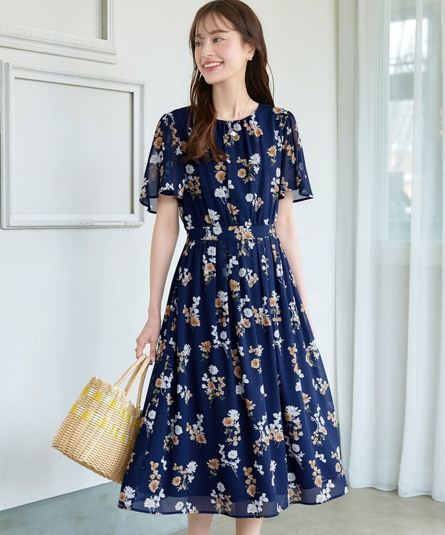 Tiaclasse 大花柄シフォンワンピース ネイビー