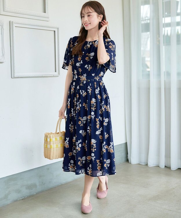 Tiaclasse 大花柄シフォンワンピース ネイビー