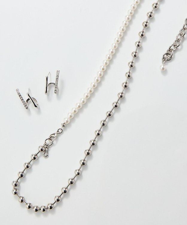 Phoebe 【セレモニーセット】マルチwayメタルボールパールネックレス×ダブルライングリッタービジューピアスSET シルバー