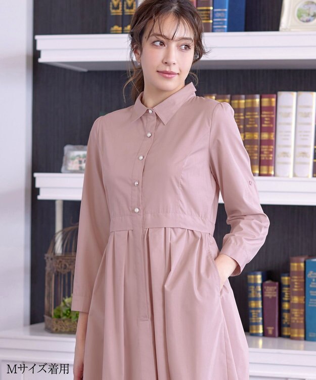 Tiaclasse L 【洗える】パール釦フレアシャツワンピース ピンク