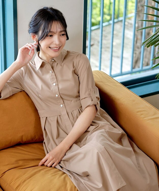 Tiaclasse L 【洗える】パール釦フレアシャツワンピース モカ