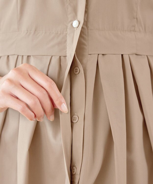 Tiaclasse L 【洗える】パール釦フレアシャツワンピース モカ