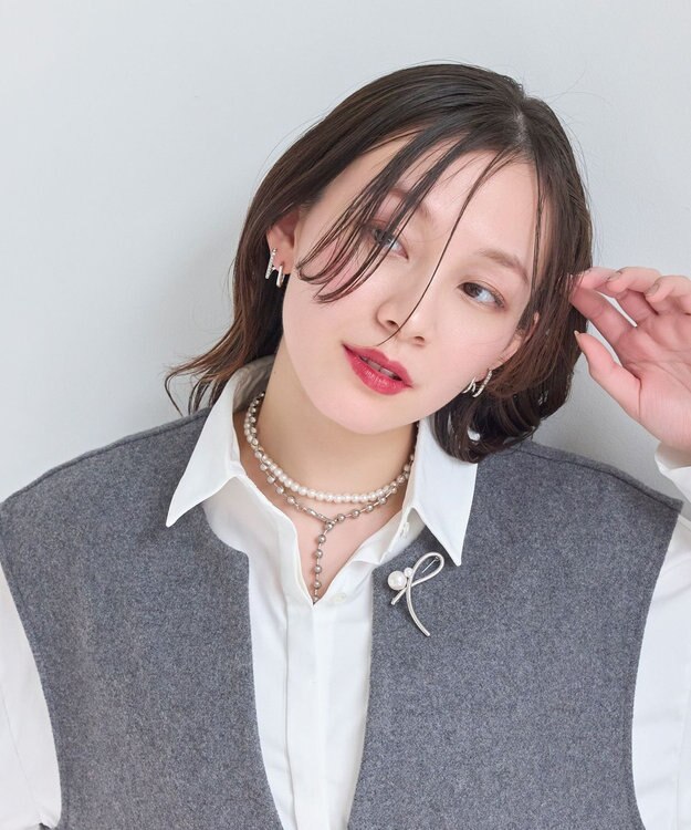 Phoebe 【セレモニーセット】マルチwayメタルボールパールネックレス×ダブルライングリッタービジューピアスSET シルバー