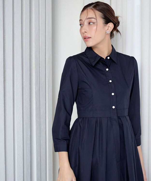 Tiaclasse L 【洗える】パール釦フレアシャツワンピース ネイビー