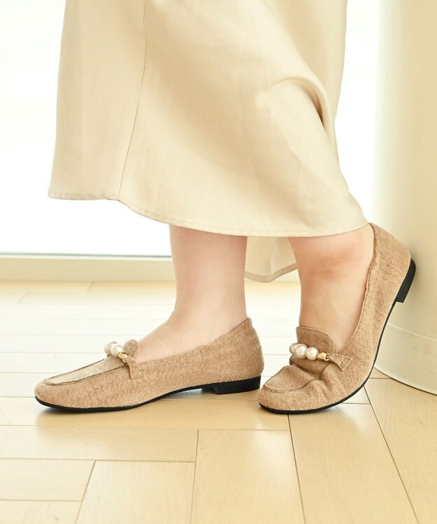 nouvelleRobe Oū 【本革・高反発】Pearl loafers スクエアトゥパルビットローファー キャメルファブリック