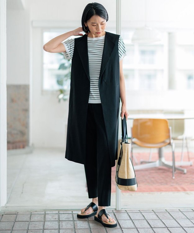 23区 S 【洗える】リネンレーヨンストレッチ テーパードパンツ ブラック系