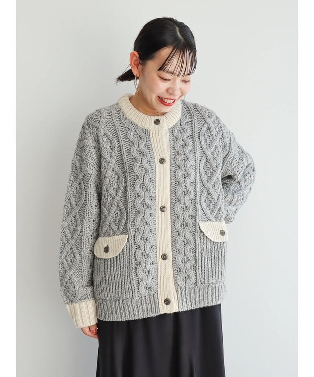 AMERICAN HOLIC 配色ケーブルニットカーディガン Light Gray Mixture
