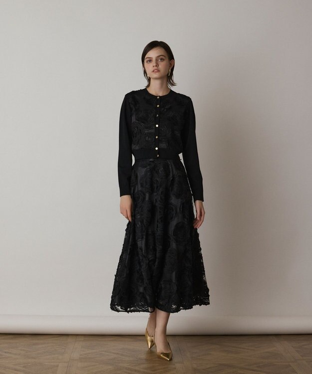 GRACE CONTINENTAL ローズ刺繍ニットカーディガン ブラック