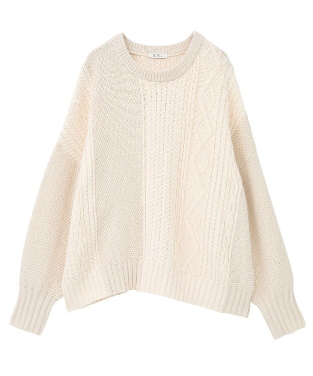 earth music&ecology 【洗濯機洗い可】アンチピリングC/Aパッチワークケーブルニット アイボリー