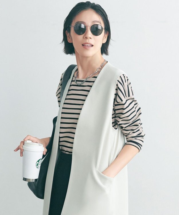 UNFILO 【洗える】ボーダーワイドTシャツ グレージュ×ブラックボーダー